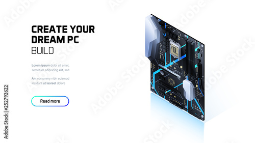Gaming PC motherboard isometric illustration, custom computer components for workstation, computer store and service