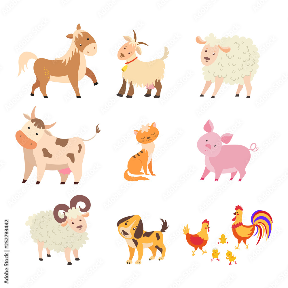 Different home farm animals set. Horse, cow, sheep, goat, cat, dog, pig, hen, rooster, chicken, ram