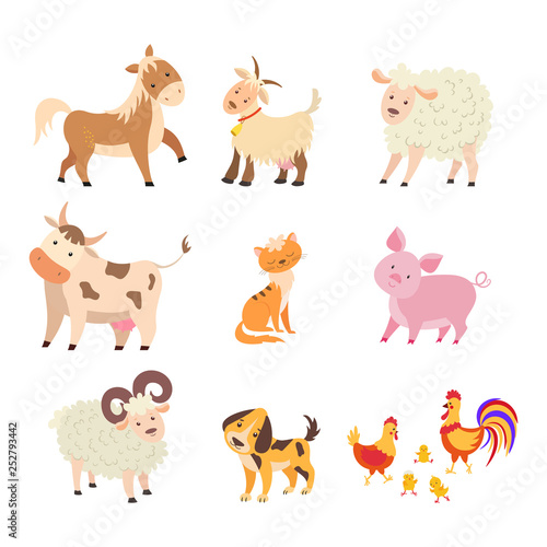 Different home farm animals set. Horse  cow  sheep  goat  cat  dog  pig  hen  rooster  chicken  ram