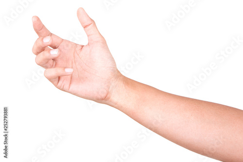 Male Caucasian hand gestures isolated over the white background. GRAB HAND.