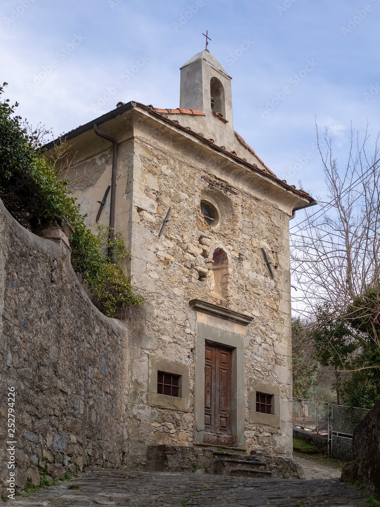 Small religious building, church or pieve, Pognana village near Verrucola in Lunigiana area of north Tuscany, Italy.