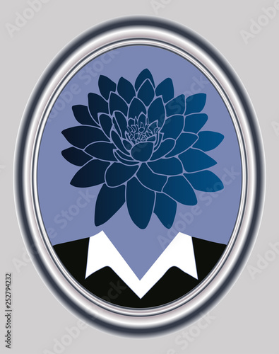 lotus flower head character portrait in oval frame in blue