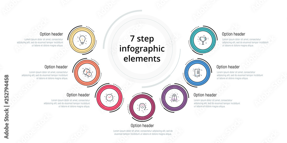 Fototapeta premium Business process chart infographic with 7 step circles. Circular corporate workflow graphic elements. Company flowchart presentation slide template. Vector info graphic design.
