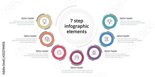 Business process chart infographic with 7 step circles. Circular corporate workflow graphic elements. Company flowchart presentation slide template. Vector info graphic design.