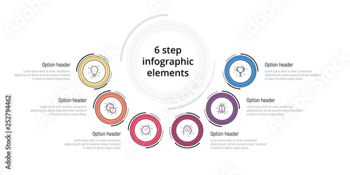 Business process chart infographic with 6 step circles. Circular corporate workflow graphic elements. Company flowchart presentation slide template. Vector info graphic design.