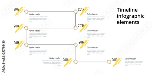 Linear business step timeline workflow infographics. Corporate milestones graphic elements. Company presentation slide template with year periods. Modern vector history time line design.