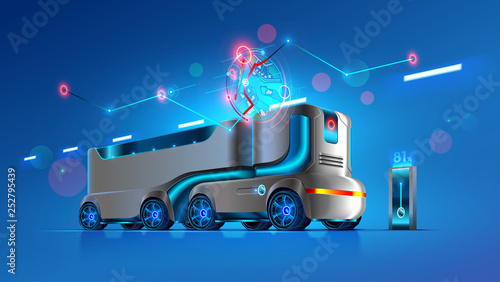 Autonomous driverless truck follows the specified route on the map. Automation interurban delivery transport. Self-driving vehicles of innovation logistics. Iot electric automatic lorry carrying cargo