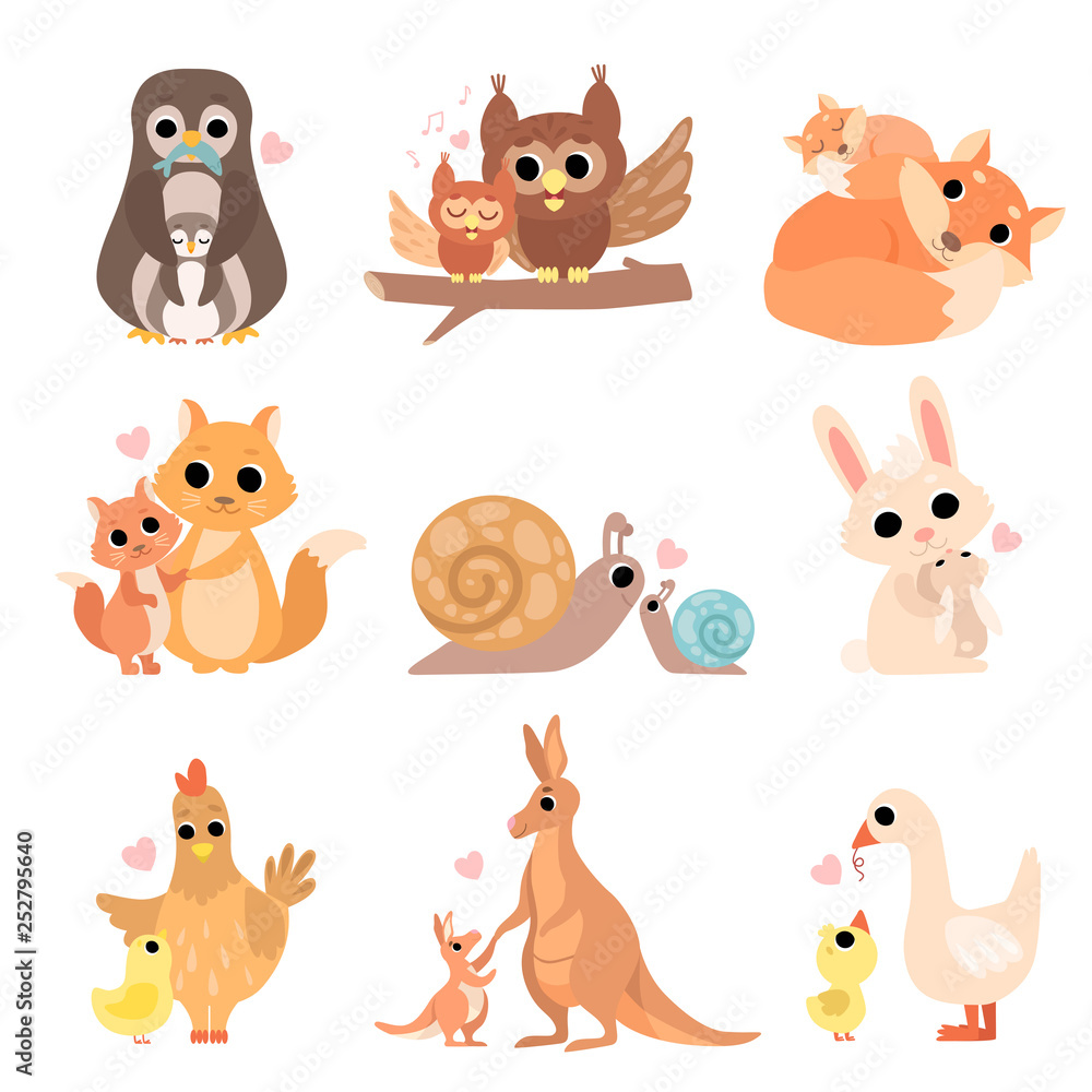 Cute Animal Families Set, Penguin, Owl, Squirrel, Fox, Snail, Rabbit, Hen, Kangaroo, Goose Vector Illustration Cute Animal Families Set, Penguin, Owl, Squirrel, Fox, Snail, Rabbit, Hen, Kangaroo, Goose Vector Illustration