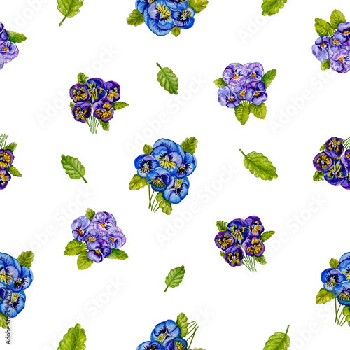 Seamless floral pattern with pansy, watercolor.
