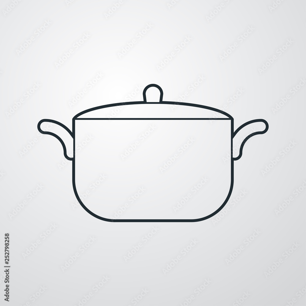 Icono plano lineal cacerola con tapa en fondo gris