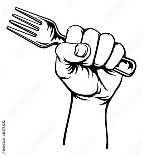 A fist hand holding a fork in a vintage intaglio woodcut engraved or retro propaganda style