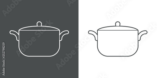 Icono plano lineal cacerola con tapa en gris y blanco