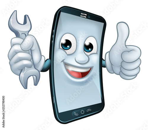 A mobile phone repair service or perhaps plumber or mechanic app cartoon character mascot holding spanner and giving a thumbs up.