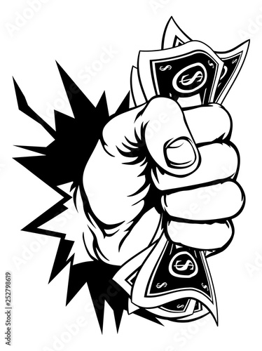 A fist hand holding money in the form of cash paper dollar bills and breaking through the background or wall. In a vintage intaglio woodcut engraved or retro propaganda style