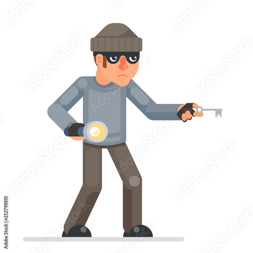 Picklock housebreaker thieves keys flashlight hand sneak evil greedily thief cartoon rogue bulgar character flat design isolated vector illustration