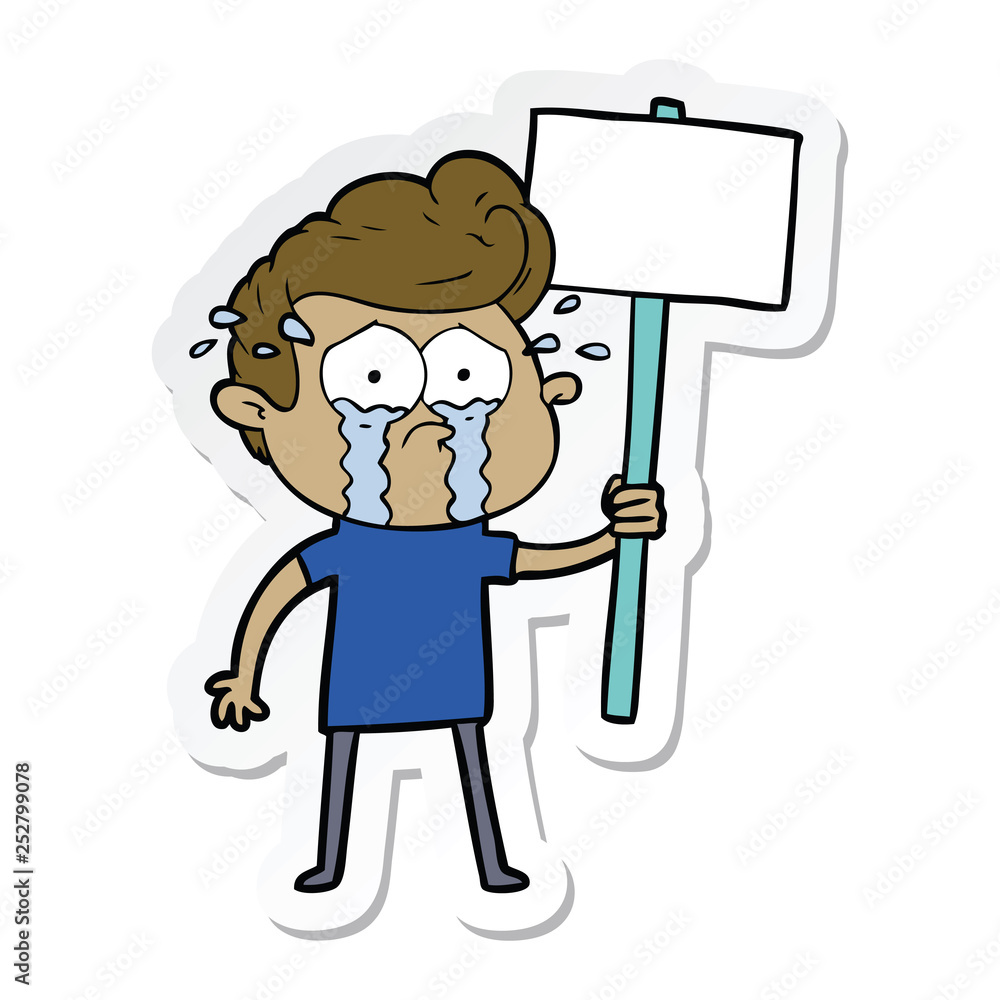 sticker of a cartoon crying protester sticker of a cartoon crying protester
