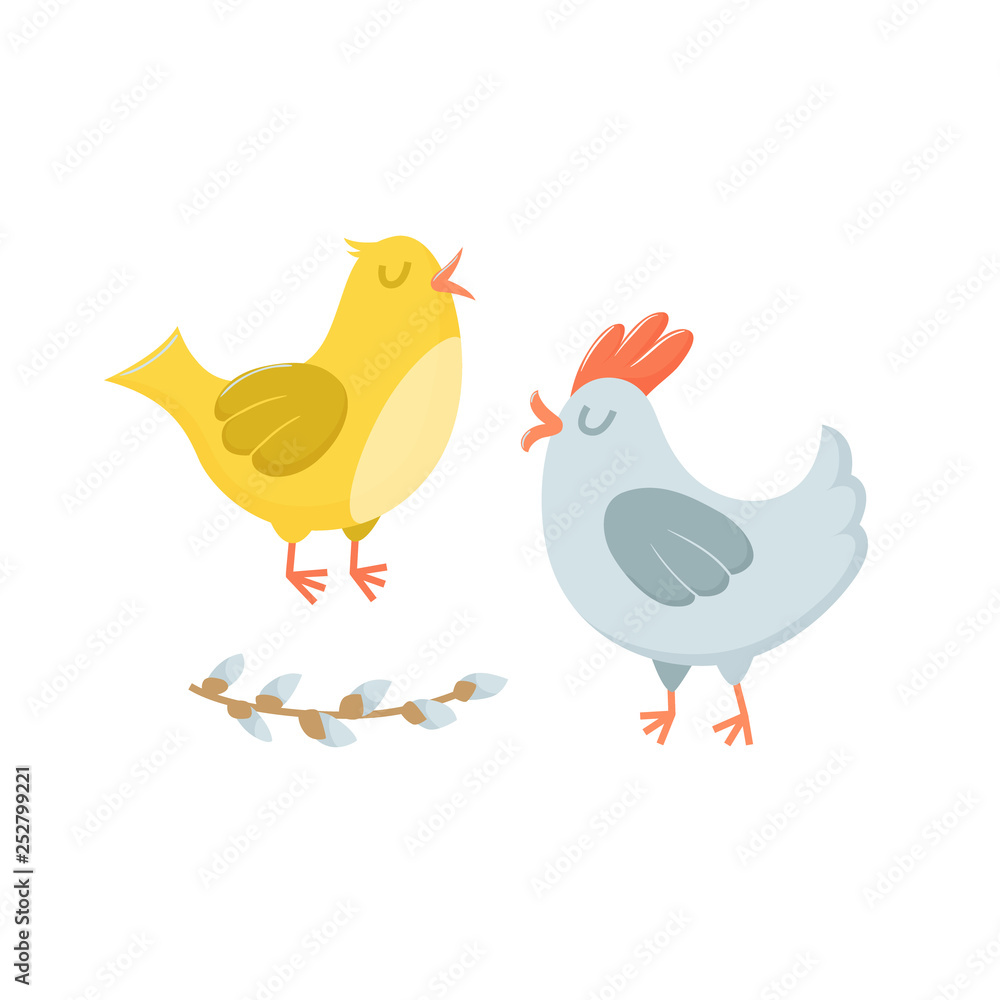 Couple of cute Easter characters - hen and rooster, singing together, cute cartoon vector illustration isolated on white background. Eacter chicken - hen and rooster, cartoon characters