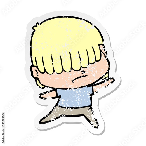 distressed sticker of a cartoon boy with untidy hair