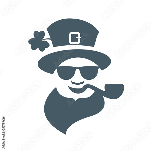 Saint Patrick's Day character leprechaun icon in sun glasses with hat, beard, smoking pipe. Vector illustration
