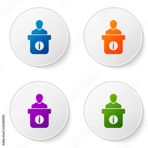 Color Information desk icon isolated on white background. Man silhouette standing at information desk. Help person symbol. Information counter icon. Color icon in circle buttons. Vector Illustration