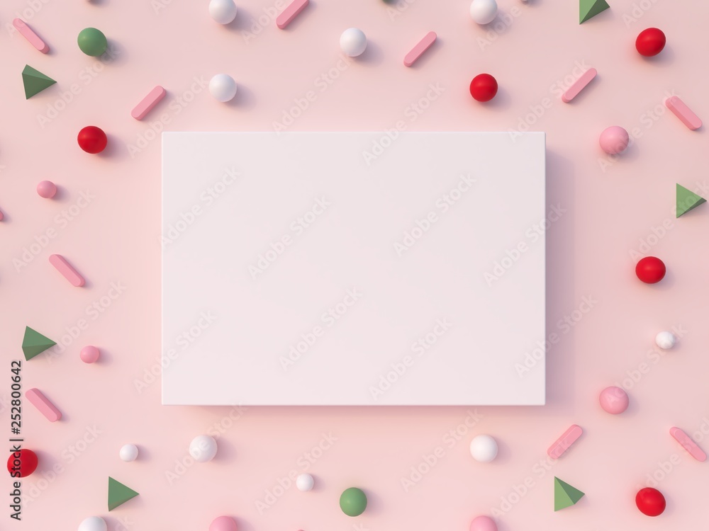 3d rendering. Geometric forms composition. Pink, green, red, white shapes and white photo frame on a pastel pink background. Flat lay, top view, front view, copy space. 3d rendering. Geometric forms composition. Pink, green, red, white shapes and white photo frame on a pastel pink background. Flat lay, top view, front view, copy space.