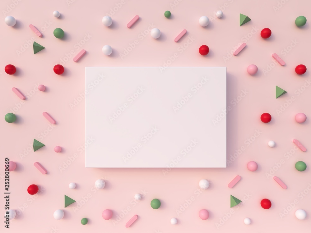 3d rendering. Geometric forms composition. Pink, green, red, white shapes and white photo frame on a pastel pink background.  Flat lay, top view, front view, copy space. 