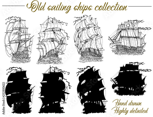 Design set with old sailing ships, ancient vessel and sailboat silhouettes. Vector nautical illustration, historical adventure concept, t-shirt graphic design