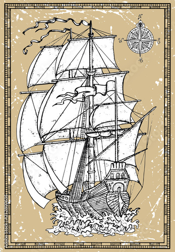 Old sailing ship under full sails with compass on texture background. Vector nautical illustration, historical adventure concept, t-shirt graphic design