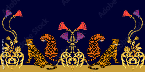 Baroque border with leopards and tigers.