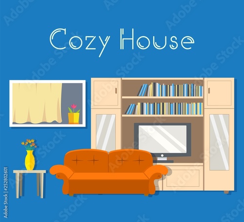 Flat cozy room in house with furniture background vector illustration concept