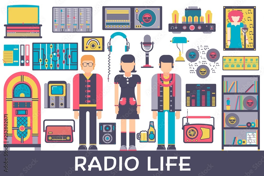 Radio life day collection icon set. Old school tv equpment and workspace in office with Dj presenter man and woman illustration. Vector media vintage technology in fm studio