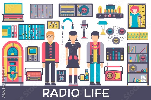 Radio life day collection icon set. Old school tv equpment and workspace in office with Dj presenter man and woman illustration. Vector media vintage technology in fm studio