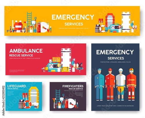 Firefighter, rafting, police, medicine rescue cards template set. Flat design icon of flyear, magazines, posters, book cover, banner. Emergency services layout concept pages with typography background