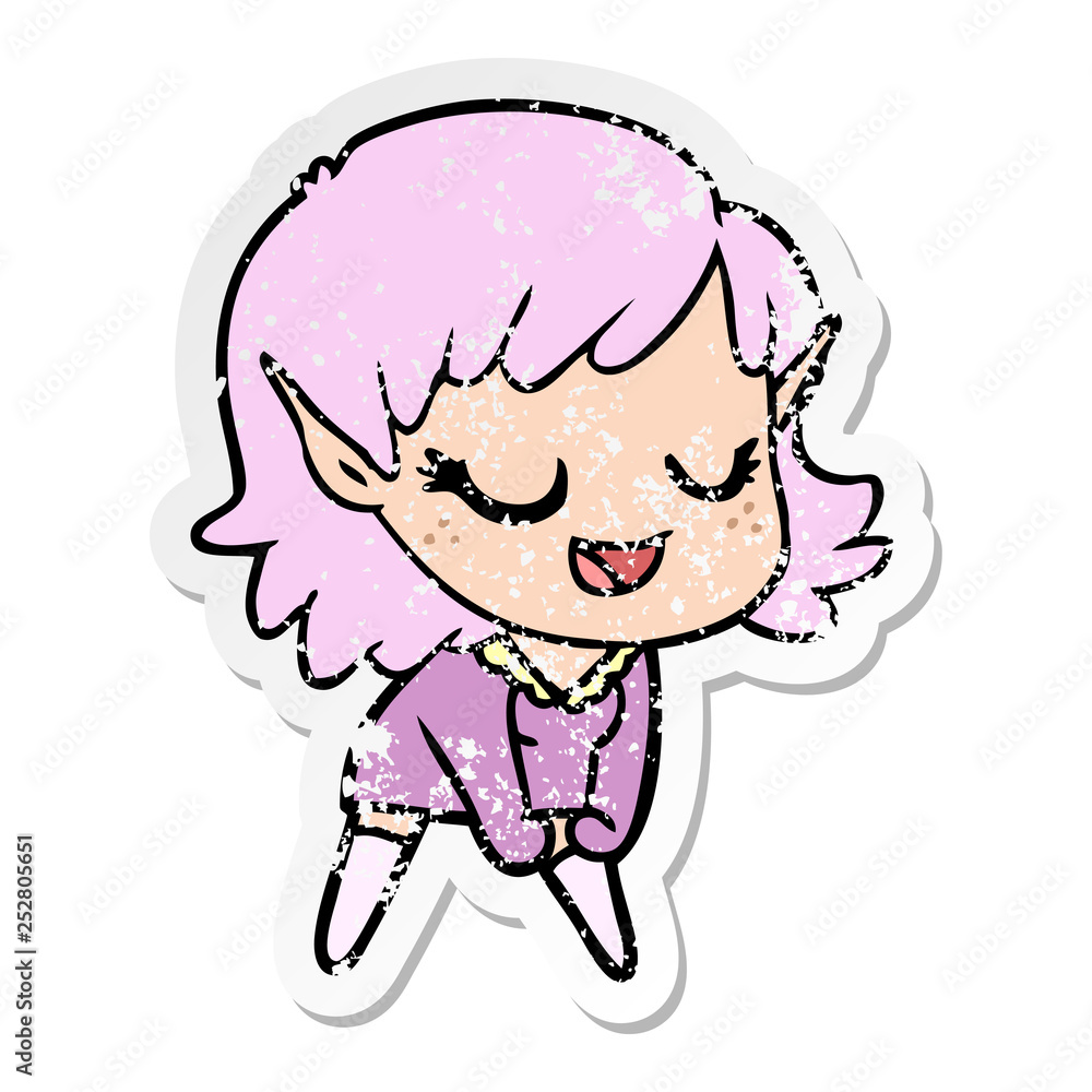 distressed sticker of a happy cartoon elf girl distressed sticker of a happy cartoon elf girl