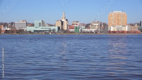 Good establishing shot of Davenport Quad Cities Iowa and the Mississippi River foreground. photo