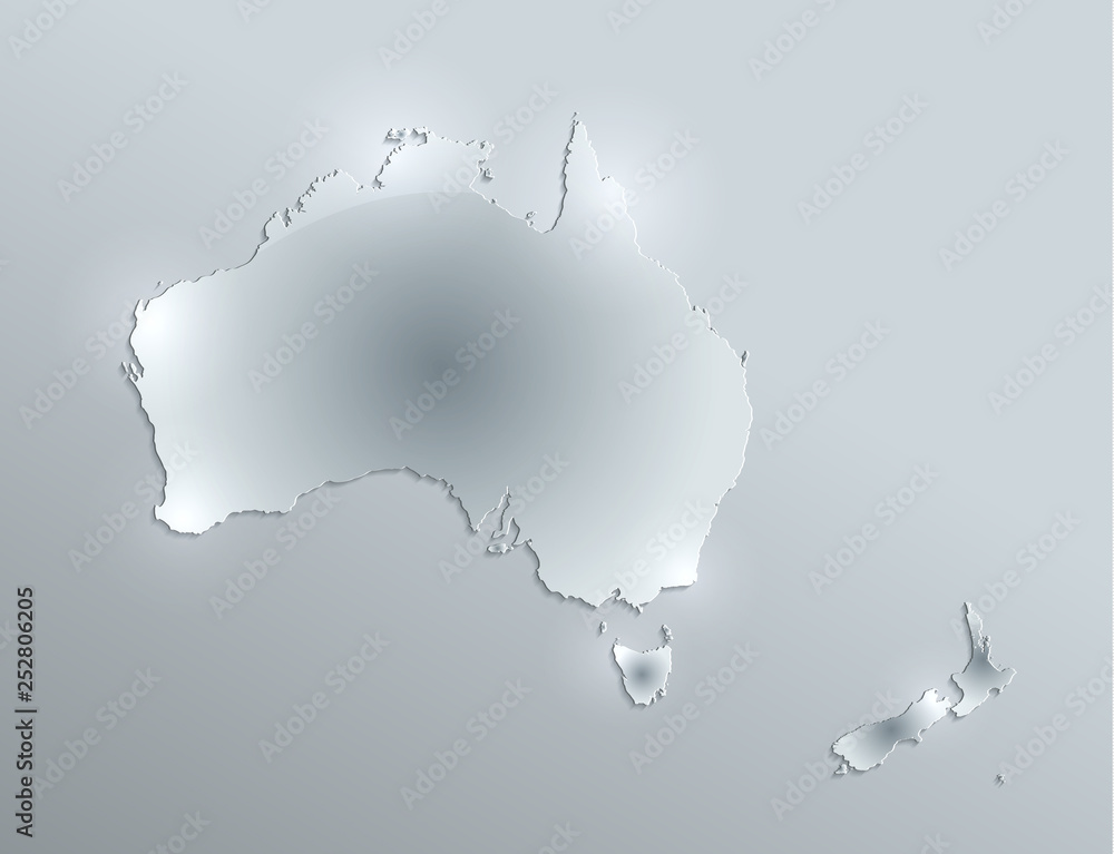 Australia continent map New Zealand, glass card paper 3D blank vector