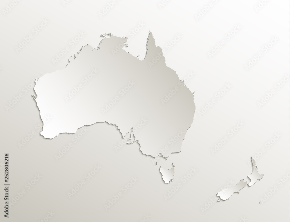Australia continent map New Zealand, natural paper 3D card blank vector