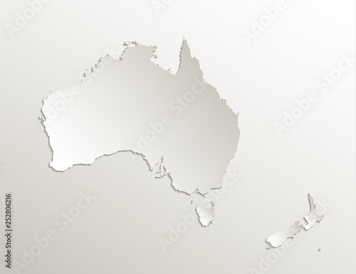 Australia continent map New Zealand, natural paper 3D card blank vector