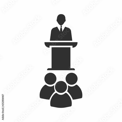 Public Speaker on the pedestal. Business meeting, discussion or debate. Vector illustration