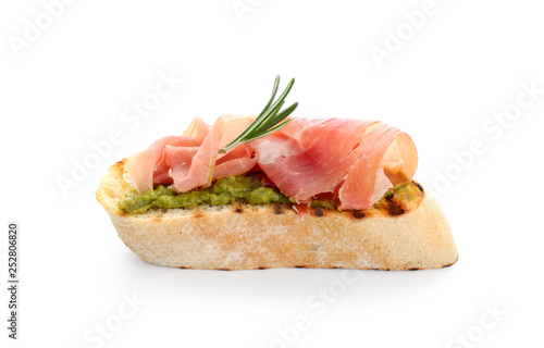 Fresh tasty bruschetta on white background photo