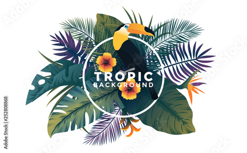 Tropical background with jungle plants. Frame with tropic leaves and Toucan bird, can be used as Exotic wallpaper, Greeting card, poster, placard. Vector Illustration
