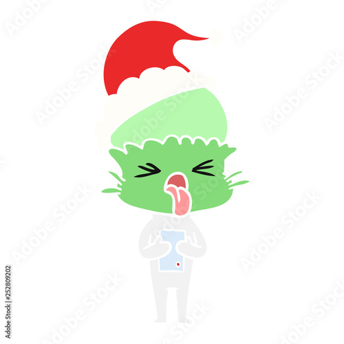 disgusted flat color illustration of a alien wearing santa hat