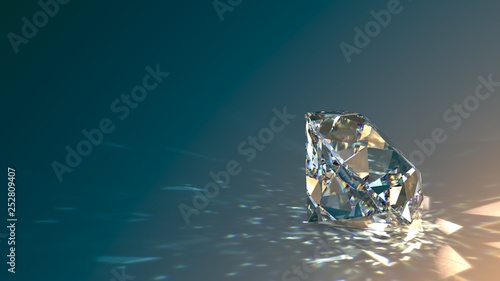 Round cut diamond on gradient background, sparkles, shadow, caustics rays. 3D rendering
