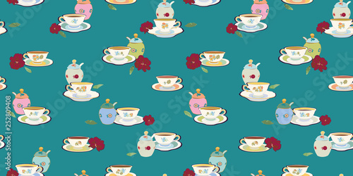 Green pattern with tea cup and sugar bowl.