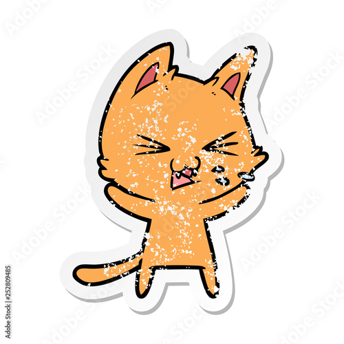 distressed sticker of a cartoon cat hissing