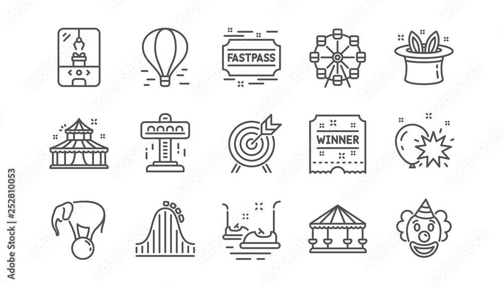Amusement park line icons. Carousel, Roller coaster and Circus. Ferris wheel linear icon set.  Vector