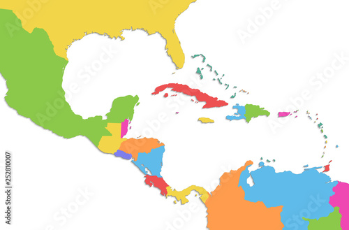 Caribbean islands Central America map, new political detailed map, separate individual states, with state names, isolated on white background 3D blank