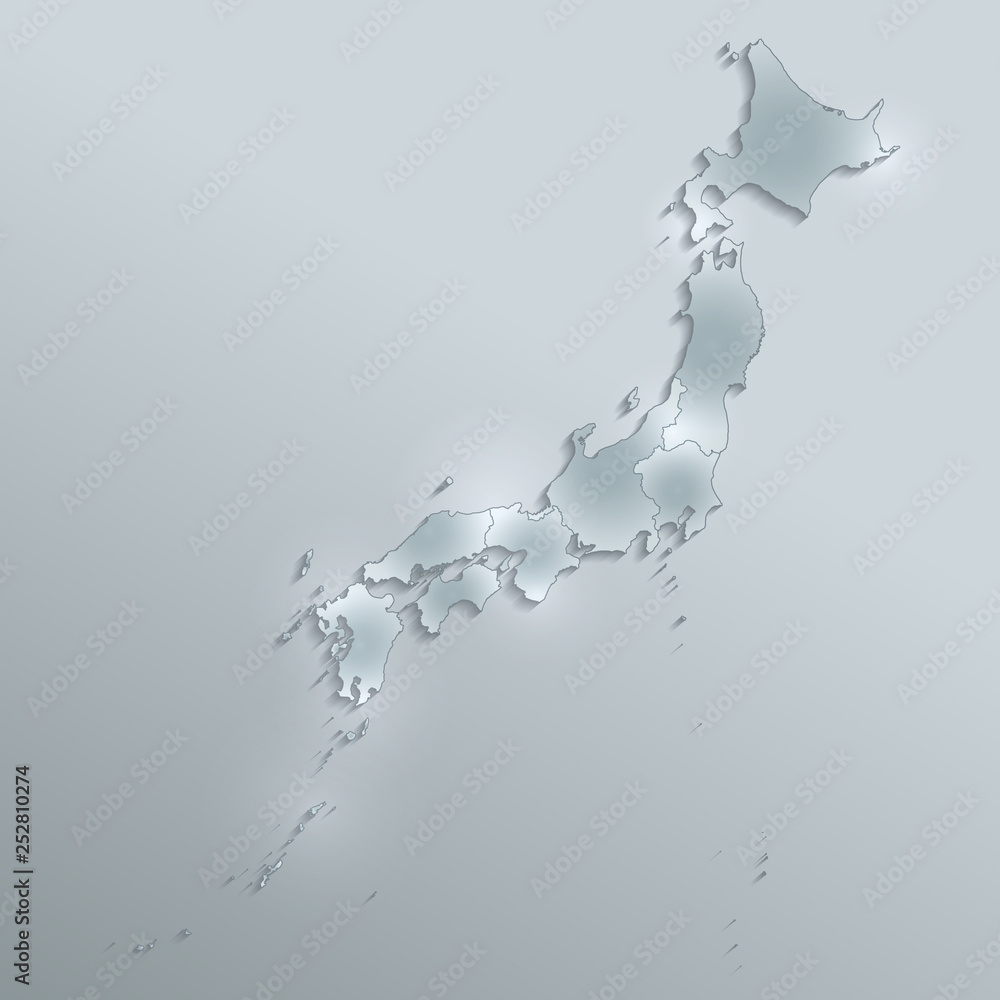 Japan map separate region names individual glass card paper 3D blank