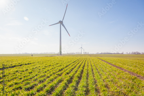 wind turbine on green field with sun flare blue sky background