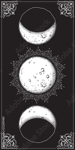 Antique style hand drawn line art and dot work moon phases. Boho chic poster, fabric, altar veil or tapestry design vector illustration.